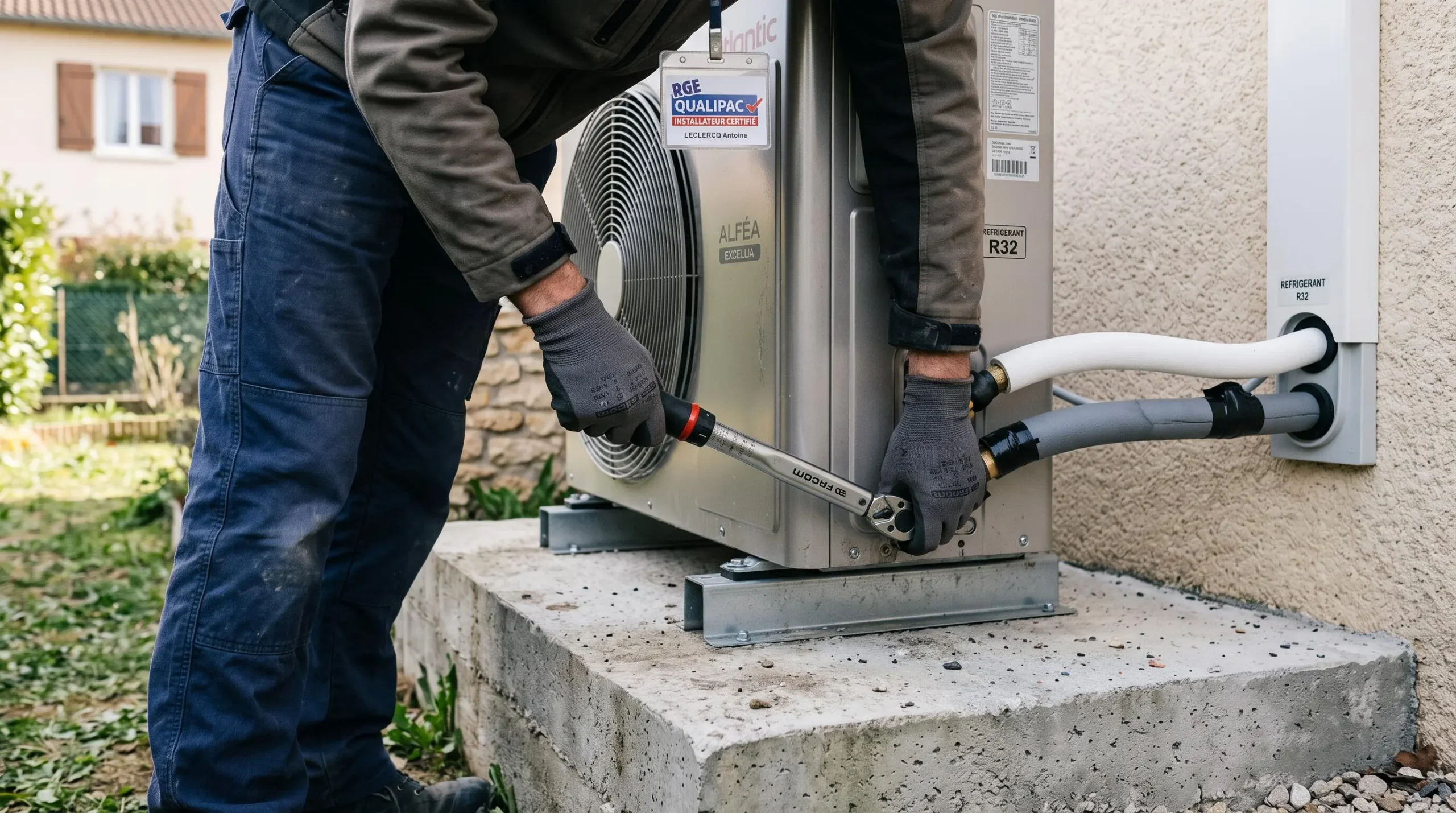 Gants d'artisan serrant les boulons de fixation d'une pompe à chaleur extérieure avec une clé dynamométrique