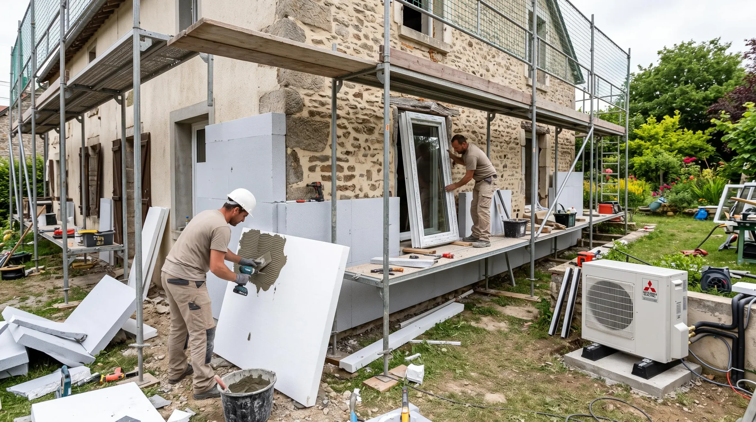 Deux artisans réalisent simultanément l'isolation extérieure et le remplacement de menuiseries sur la façade d'une maison, avec une pompe à chaleur installée au sol