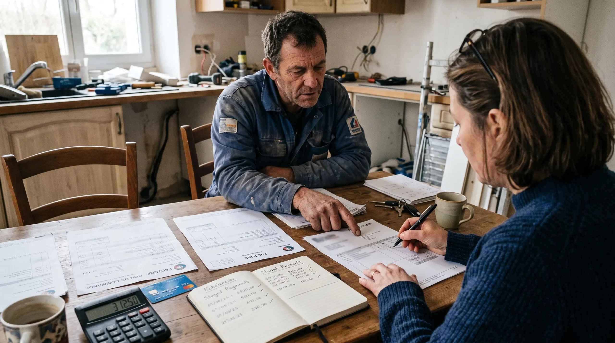 Un propriétaire et un artisan examinent ensemble des factures et bons de commande de travaux sur une table de cuisine