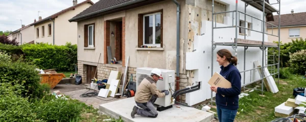Une maison française en travaux de rénovation énergétique avec échafaudage, panneaux d'isolation extérieure et artisan installant une pompe à chaleur