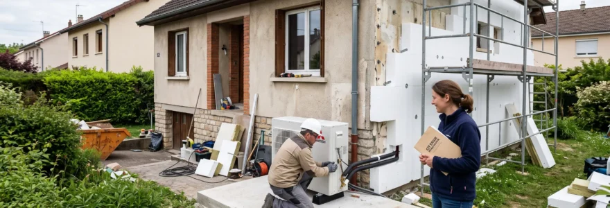 Une maison française en travaux de rénovation énergétique avec échafaudage, panneaux d'isolation extérieure et artisan installant une pompe à chaleur